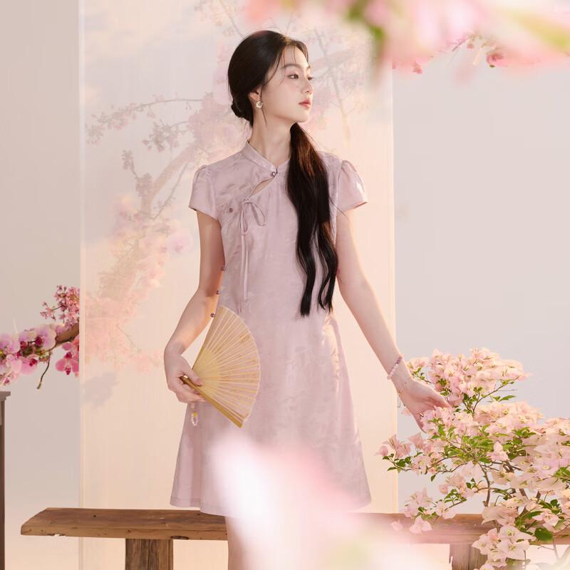 Sancai Neuer Chinesischer Stil Jacquard Puffärmel Minikleid