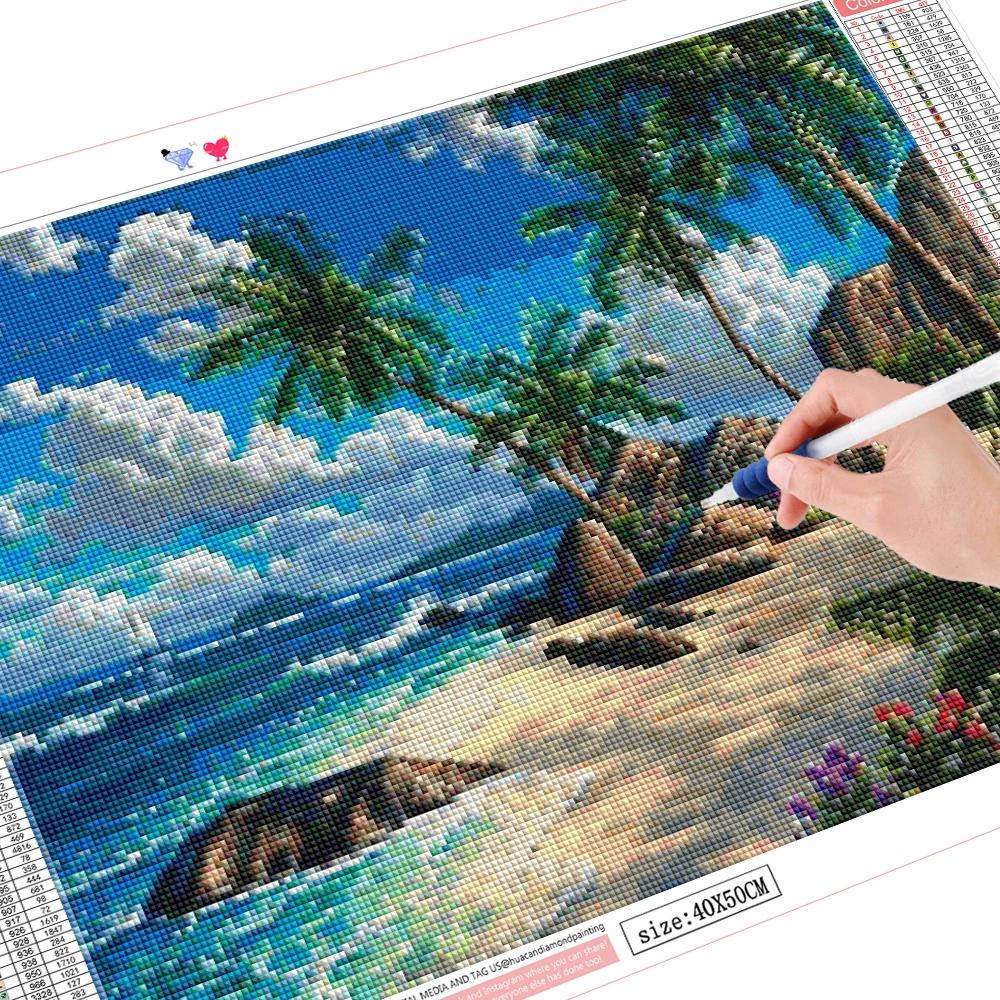 5D Full Square Diamond Painting Seaside Rhinestone Kit Diamond Embroidery Kit Landscape Coconut Tree Handicraft Wall Art