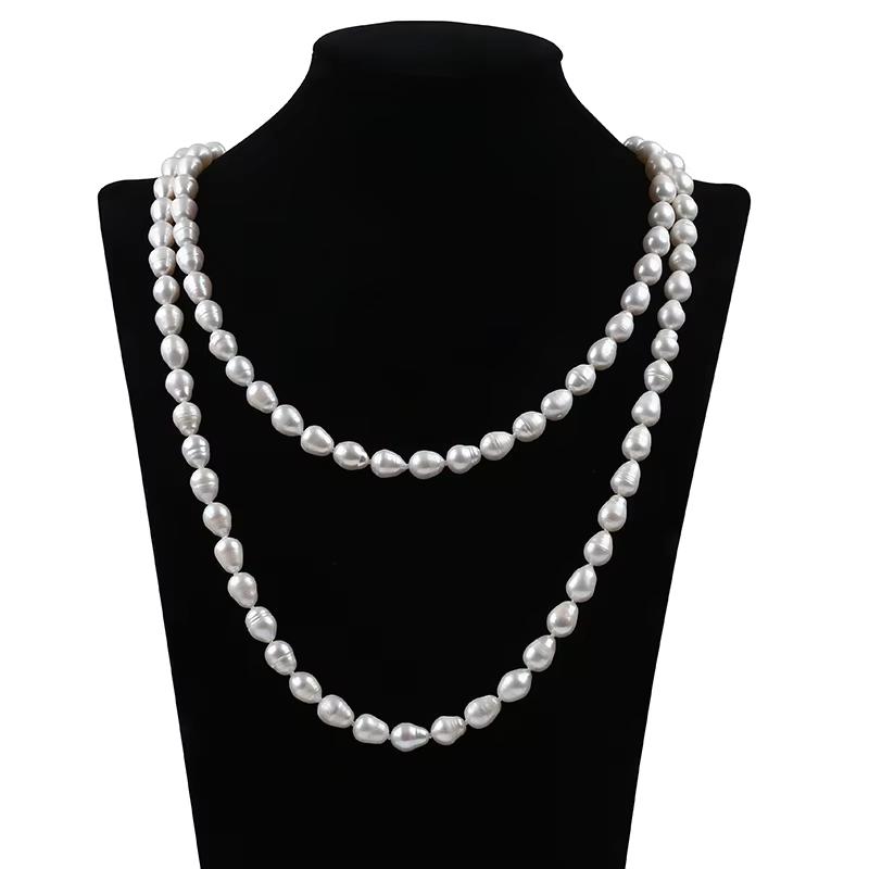 Natural Pearls White 8-9mm Rice Bead Necklace Freshwater Real Pearl Sweater Chain 120cm