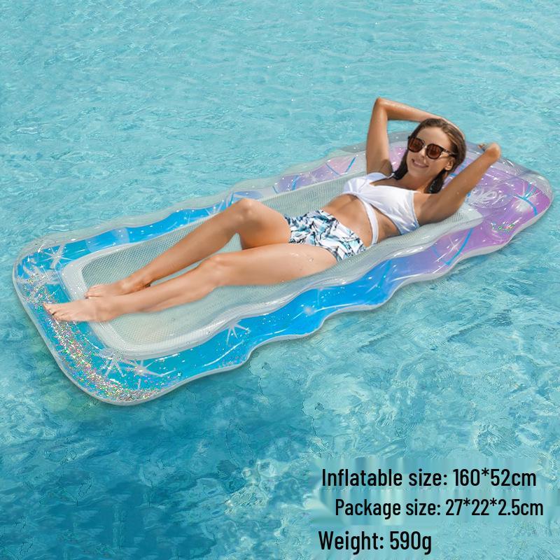 Portable Foldable PVC Striped Water Lounge Chair with Hanging Net - Single Inflatable Floating Bed