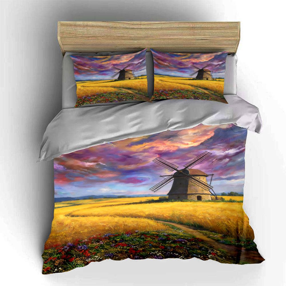 Windmill and field landscape. Bedding sets Duvet cover sets Duvet covers Pillowcases(1 * Duvet Cover 2 * Pillowcases without duvet insert)