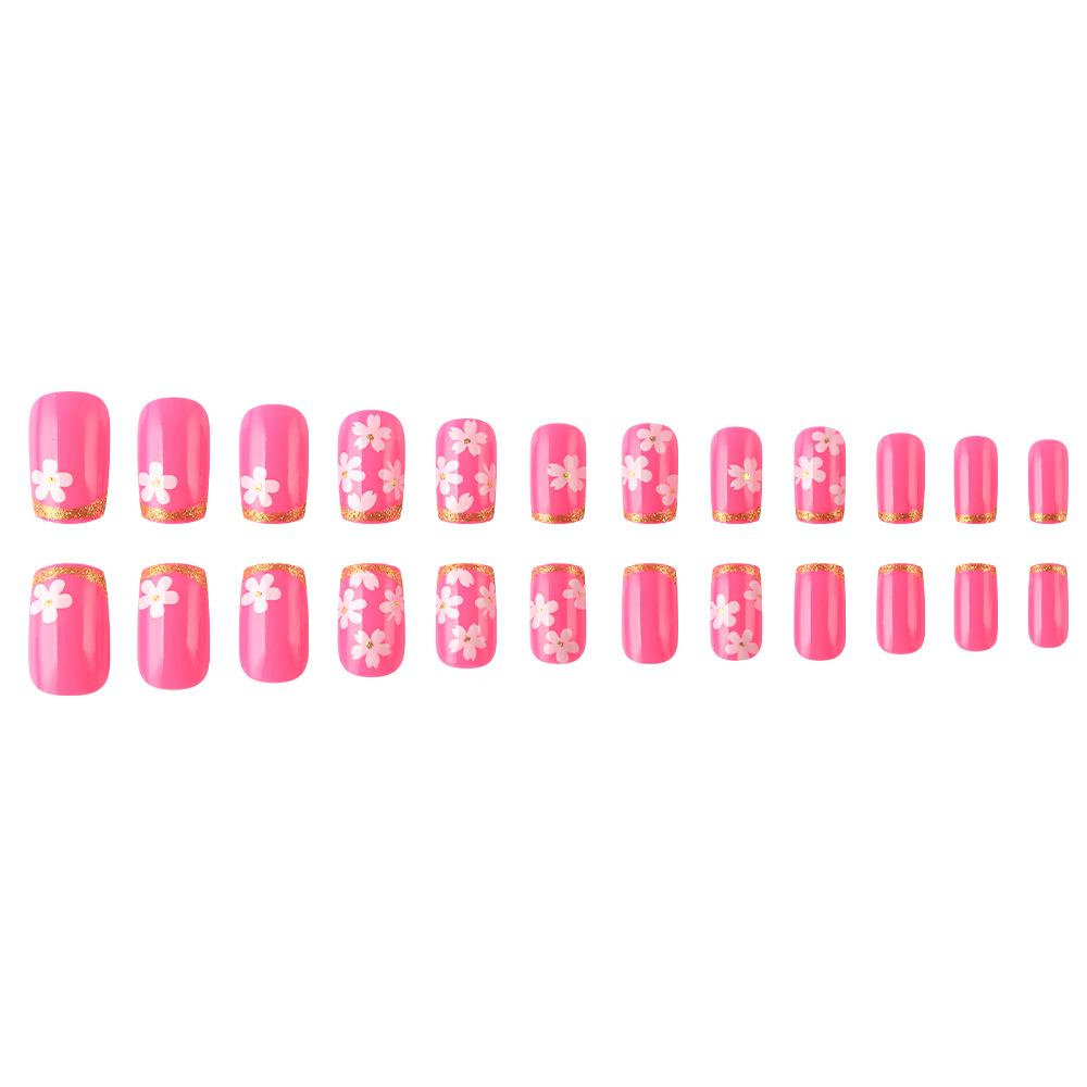 Spring Pastel Pink Floral Gold-Tipped Manicure - 24 Detachable Wearable Nails