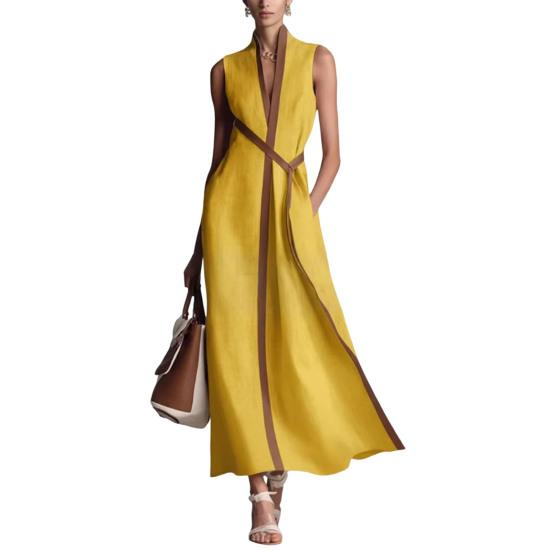 Sommer ärmelloses Kleid für Damen, lässig, Stehkragen, V-Ausschnitt, Maxikleid, fließend