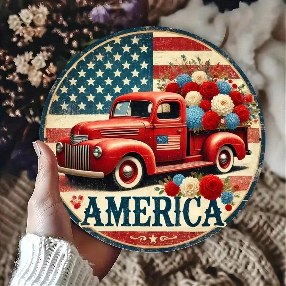Vintage Red Truck Metal Sign Floral Wreath Decor Front Door Wall Art