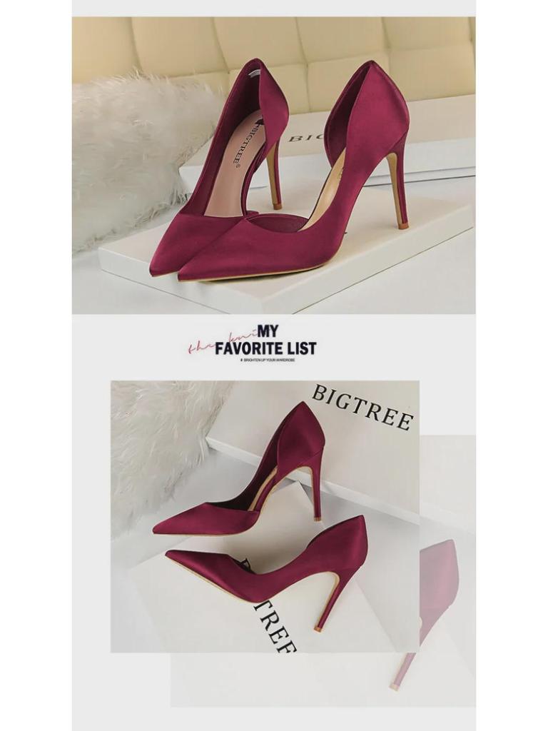 European & American Style Satin Stiletto Heels – Pointed, Shallow, Side Hollow Design for a Sexy Nightclub Look, Slim Fit Women's High Heels