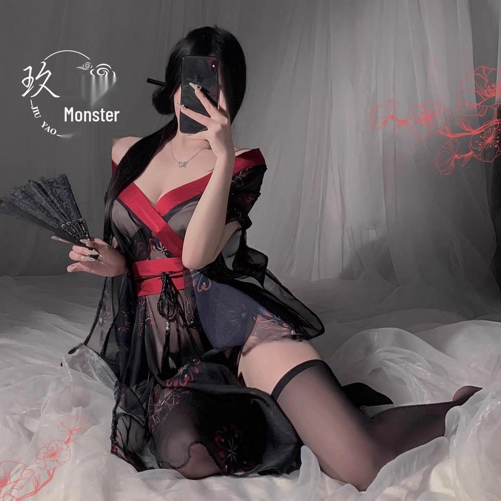 Japanese Phantom Print Kimono Lingerie Set: Ancient-Style Bathrobe & Pajamas with Sexy Waistband for Summer.