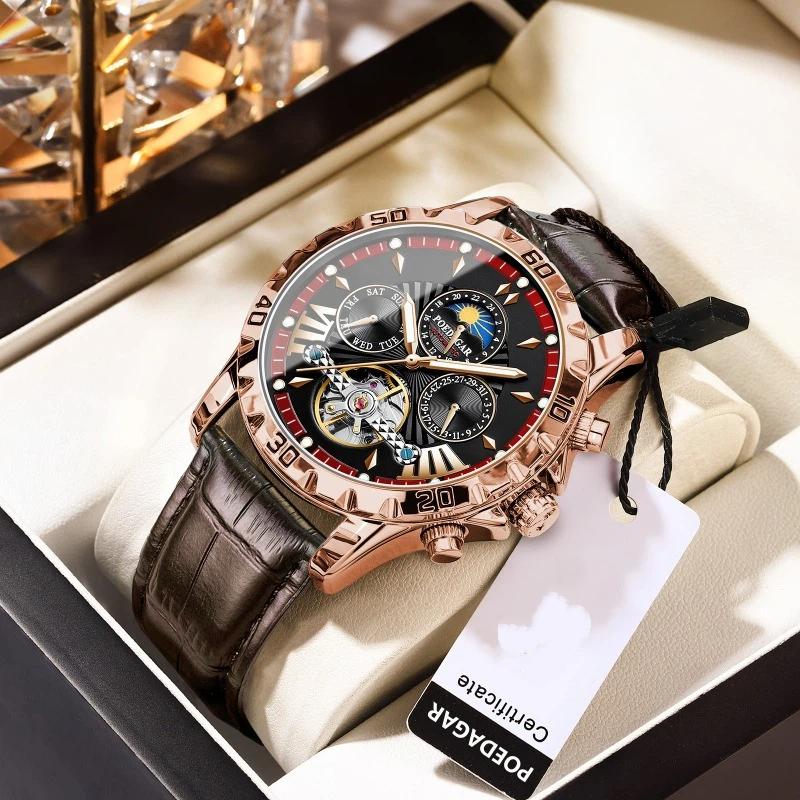 POEDAGAR Tourbillon Automatic Mechanical Wristwatch Waterproof Luminous Date Week Leather Men Watch Luxury Fashion Watches