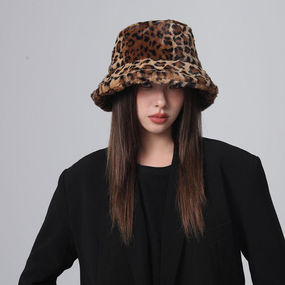 Thicken Leopard Print Bucket Hat Korean Style Fluffy Fisherman Caps for Girls