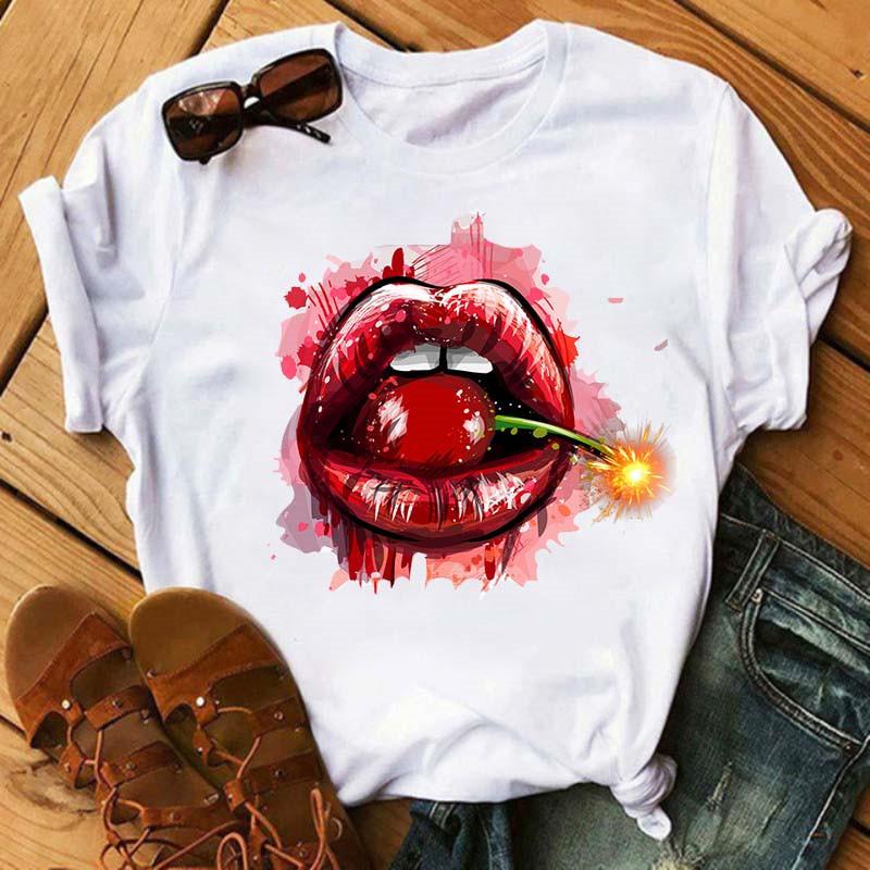 Spring Summer Plus Color Lips Loose Casual Fashion Simple Round Neck Pure Cotton Short Sleeved Top T-Shirts Women’s