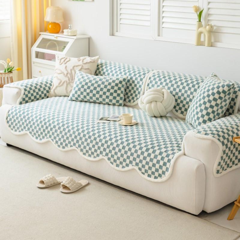 Plush Thicken Fringed Loveseat Pad Sitting Mat Minimal Balcony Mattress Special shaped Tatami Couch Protector Gentle Plaid Pattern Domestic Styling