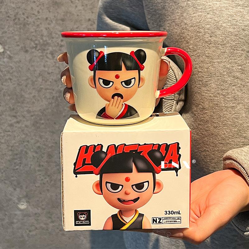 The new Nezha ceramic milk cup microwave can be heated to children s drinking cup graduated oatmeal cup souvenir 330ml