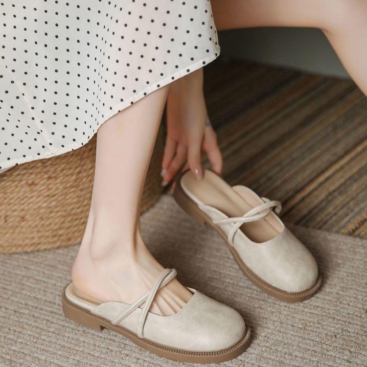 Retro summer half slippers children spring and summer outer wear heelless small leather shoes versatile lazy sandals half support single shoes
