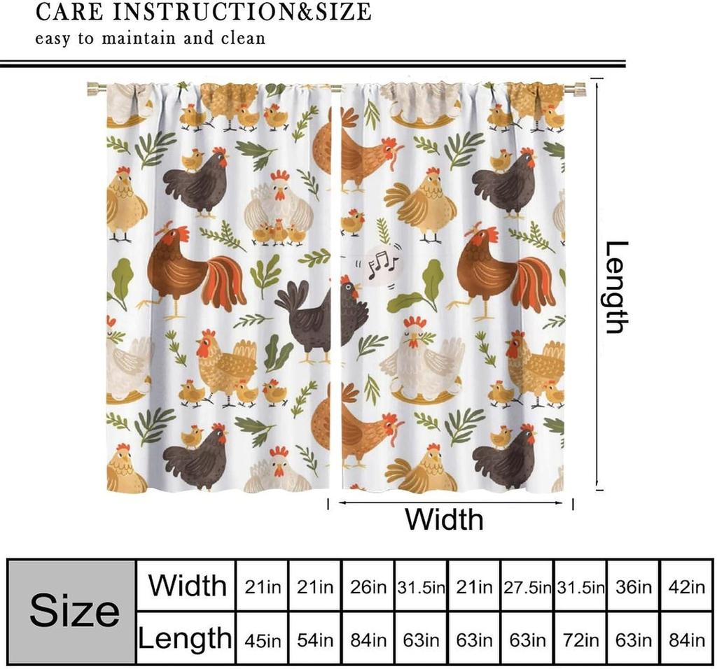 Tende per Finestre con Motivo Floreale Botanico di Galli e Galline, Stile Rustico, per Cucina, Soggiorno, Camera da Letto