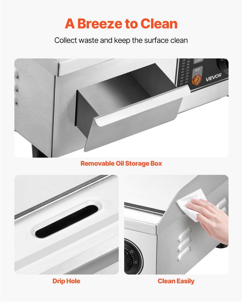 Commercial Electric Griddle, 355 x 300 mm, 2000W, 50-300°C Adjustable Temp Control, Stainless Steel Countertop Full Flat Top Grill with 2 Spatulas and