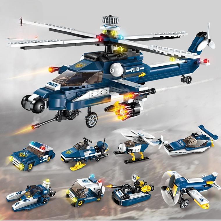 381pcs 8in1 Police Car Fighter Helicopter Landing Patrol Craft Boat Weapon Boy Building Block Toy
