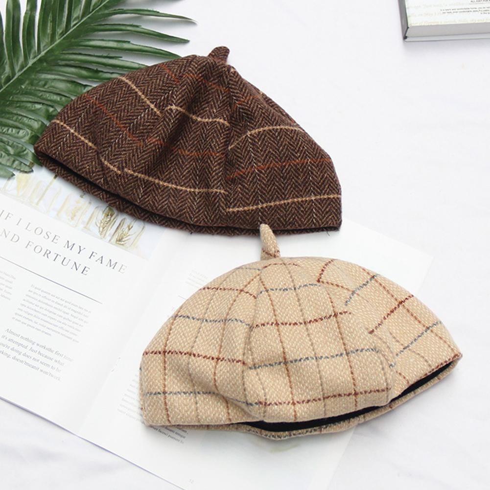 Lady Retro Plaid Beret Double Layer Painter Cap Autumn Winter Warm Berets