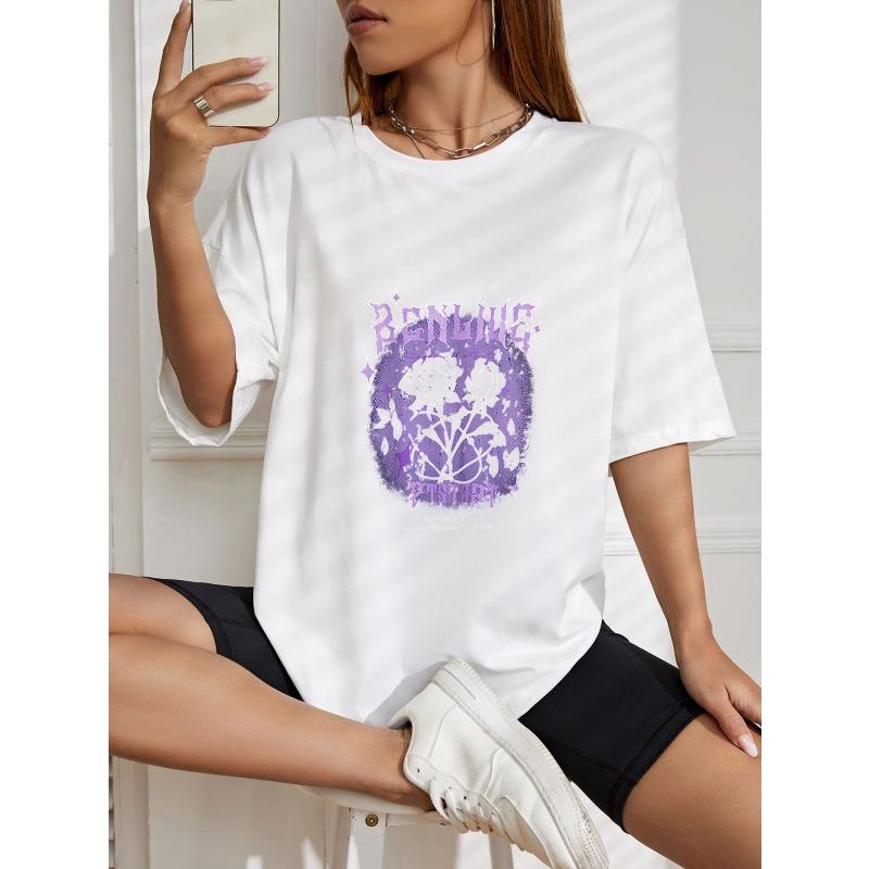 Oversized T Shirt White Purple Floral And Text Print Casual Streetwear Style For Women
