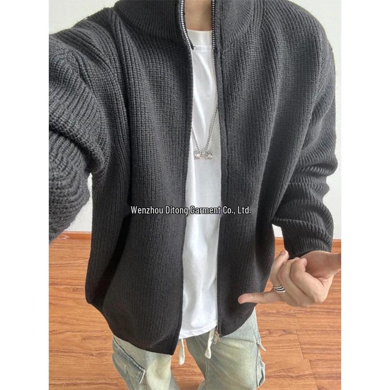 Men's Gray Knit Cardigan: Autumn Relaxed Fit Stand-Up Collar Jacket