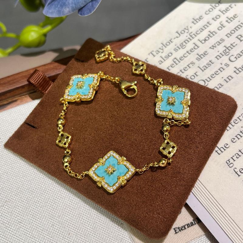 Italian Cloth Qi Lati Natural White Fritillary Four-Leaf Clover Bracelet Women'S Fashion Retro Rhombus Chalcedony Jewelry