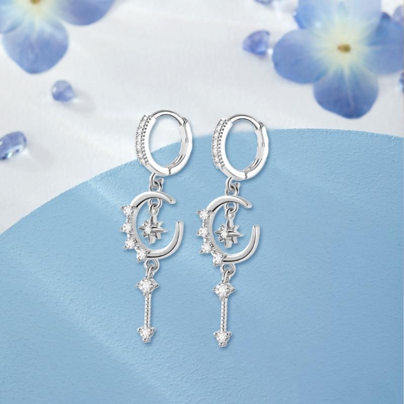 Twinkling Star Moon Floral Ear Studs With Micro Paved Zircon Accents And Lightweight Copper Construction