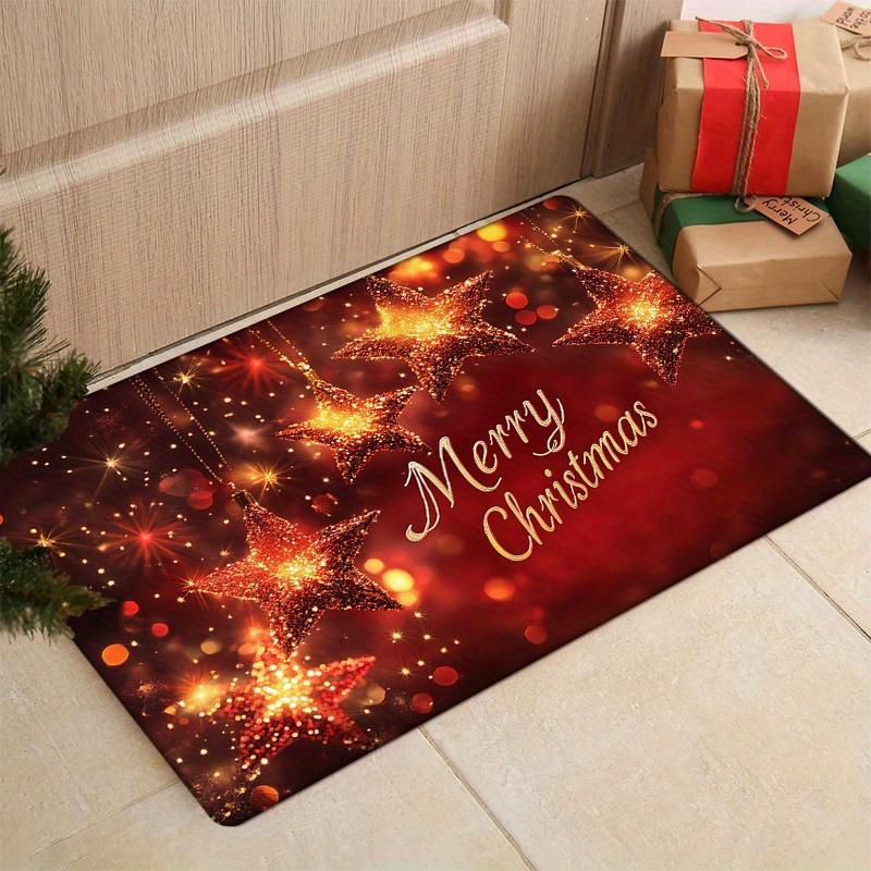 Christmas Star Flannel Door Mat Carpet, Five-Pointed Star Merry Christmas Print Non-Slip for Kitchen Living Room Decor