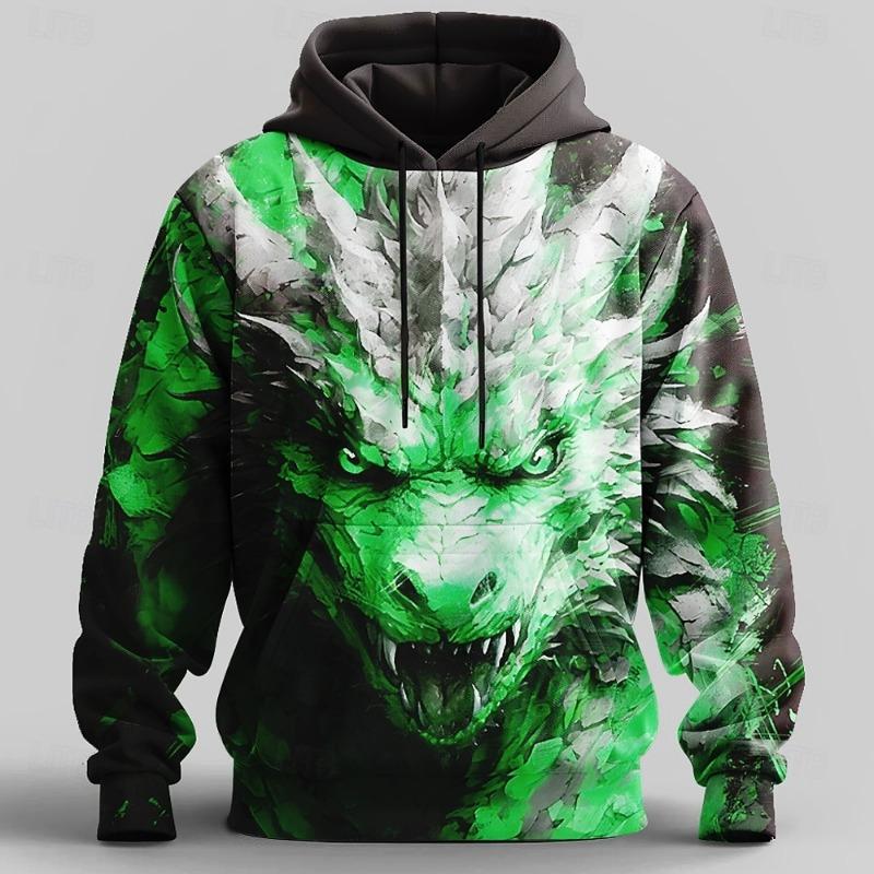 Men's Dragon 3D Hoodie Sweatshirt Cool Party Crew Neck Club Streetwear Gold Drawstring Fall Winter Designer hooded hoodies