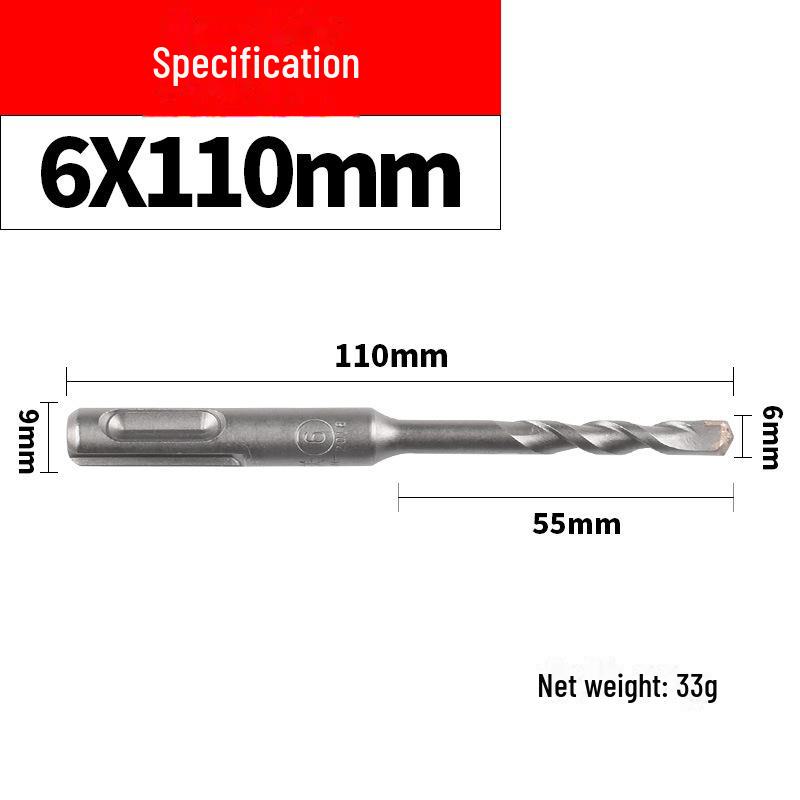 Impact Hammer Drill Bit for Drilling Through Concrete and Cement Walls with Round and Square Handles, Two Pits, and Two Grooves.