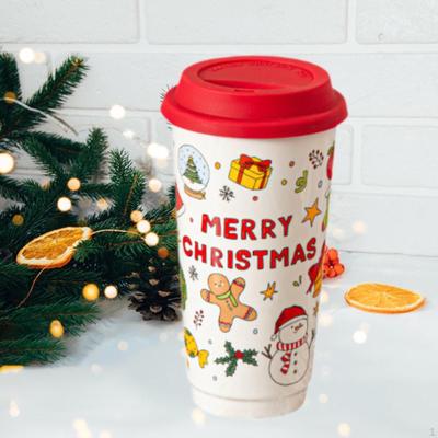Weihnachten Keramikbecher Tumbler Tragbar 580ml Trinkgeschirr Wiederverwendbar Niedliche Trinkflasche mit Deckel für