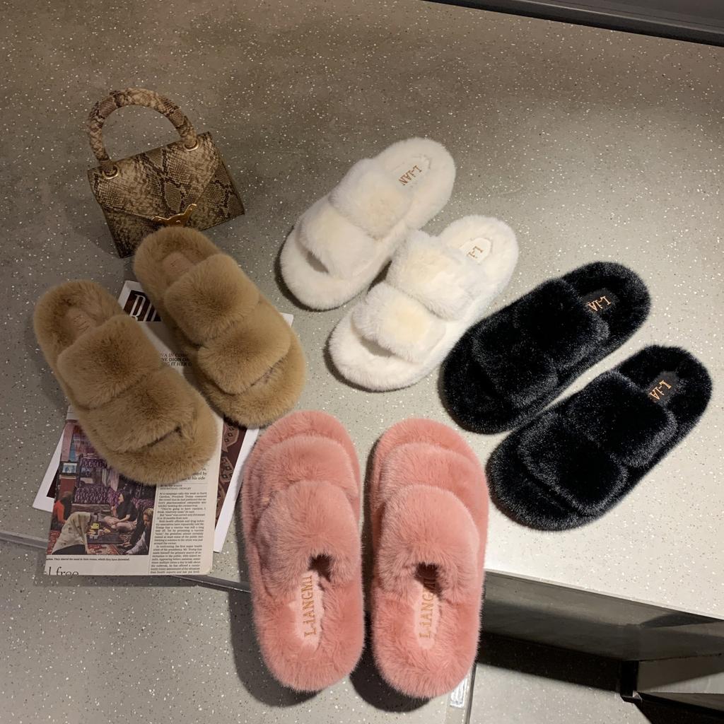 2024 Autumn and Winter New Outer Wear Women's Fluffy Shoes Double Word with Women's Plush Slippers Korean Version of Casual Home Hair Mop