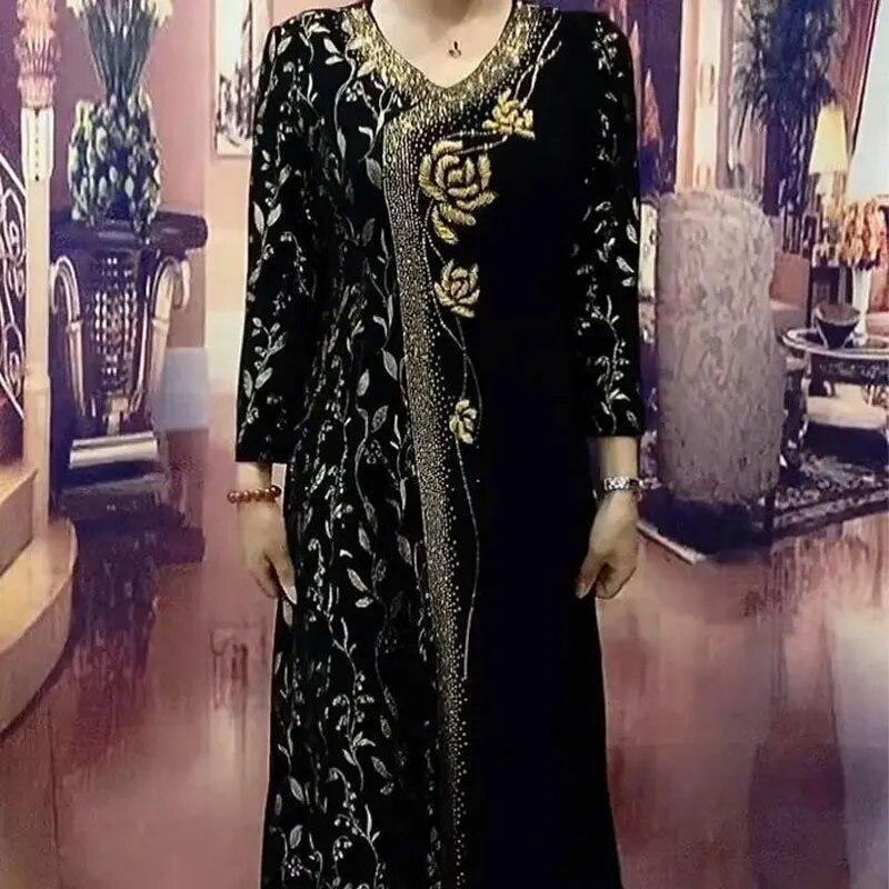 Abiti eleganti con scollo a V stampati, primavera autunno, nuovi abiti da donna a trapezio, maniche lunghe, eleganti, con diamanti floreali, abito lungo