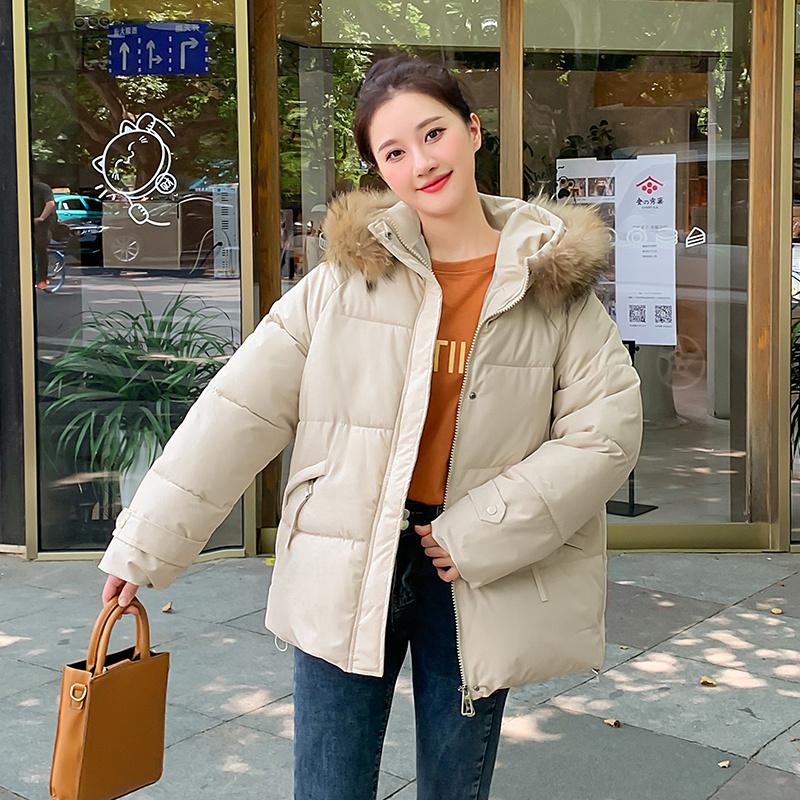 Women's Autumn Winter Hooded Solid Color Fur Collar Pocket Parka Zipper Loose Short Cotton Coat