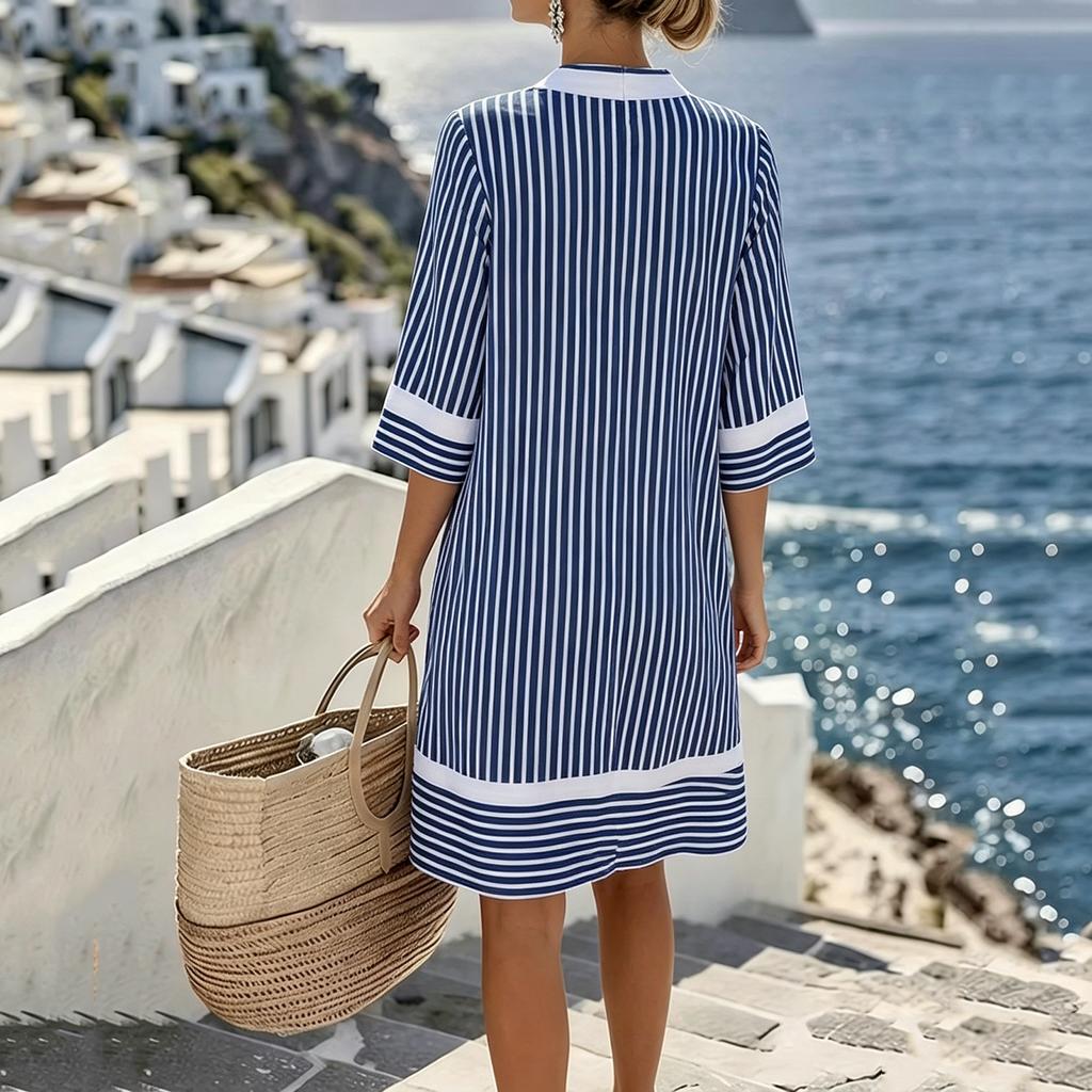 Womens V Neck Striped Loose Fit Pullover Dress with Half Sleeve and Sun Lightweight Beach Cover Up Tunic