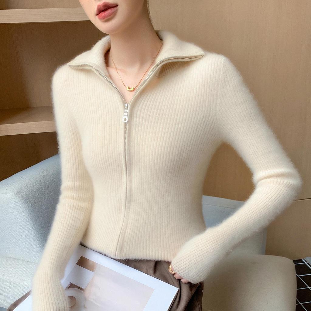 25 Premium Women's Baby Cashmere Cardigan, Double-Zipper Lapel Ribbed Sweater, Loose Wool Coat for Autumn/Winter.