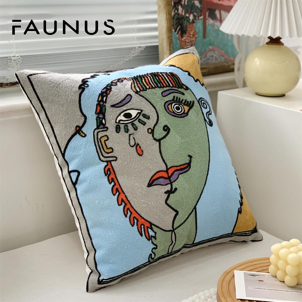Premium Picasso Abstract Cotton Pillow Case Canvas Single-sided Embroidered Cushion Cover for Sofa Living Room Home Decoration