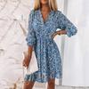 Floral Print Bohemian Short Sleeves Mid Length Dress with Waist Cinching