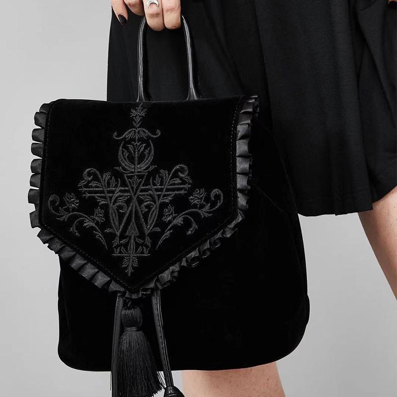 Zaino in velluto Harajuku scuro Zaino da donna con ricamo magico gotico Stile punk nero Zaino da donna Borse da viaggio Borsa a tracolla