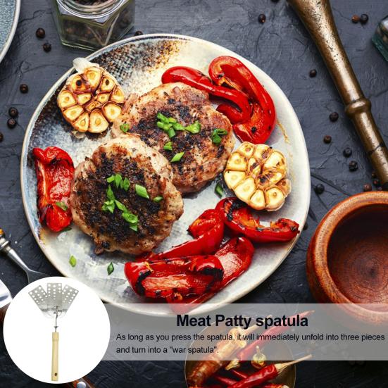 Three-Blade Grooving Shovel Stainless Steel Foldable Spatula with Wooden Handle Easy Clean Heat Resistant Cooking Tool