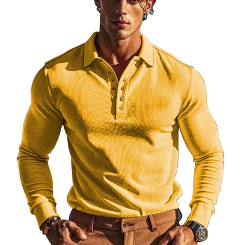 New Men's T-Shirt: Waffle Weave Casual Collared Button-Down Slim-Fit Long-Sleeved Polo Shirt