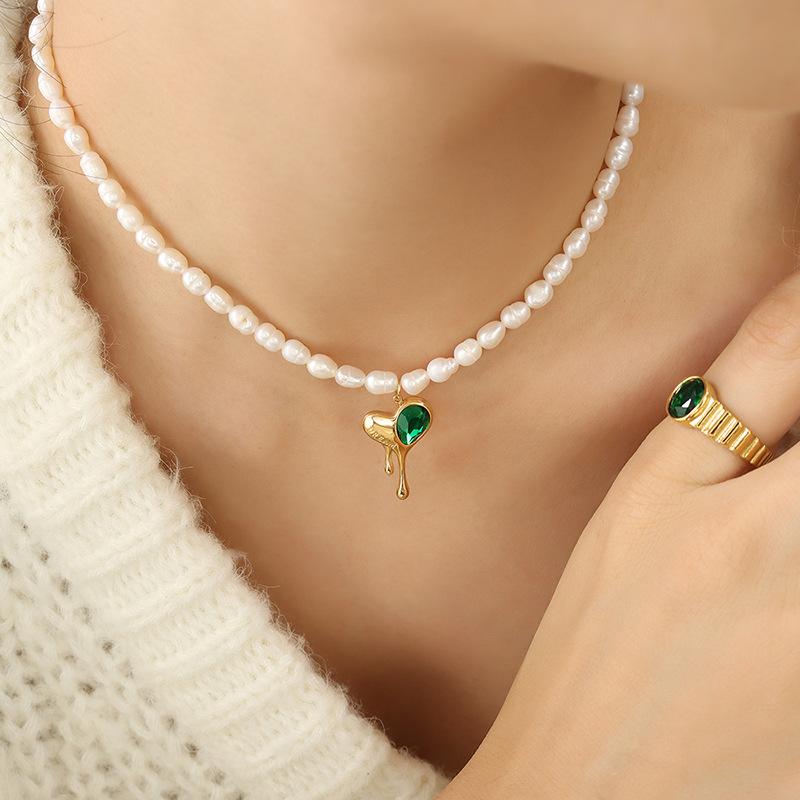 French Light Luxury Elegant Personality Freshwater Pearl Necklace Trend Melted Love Inlaid Zircon Letter Pendant Jewelry