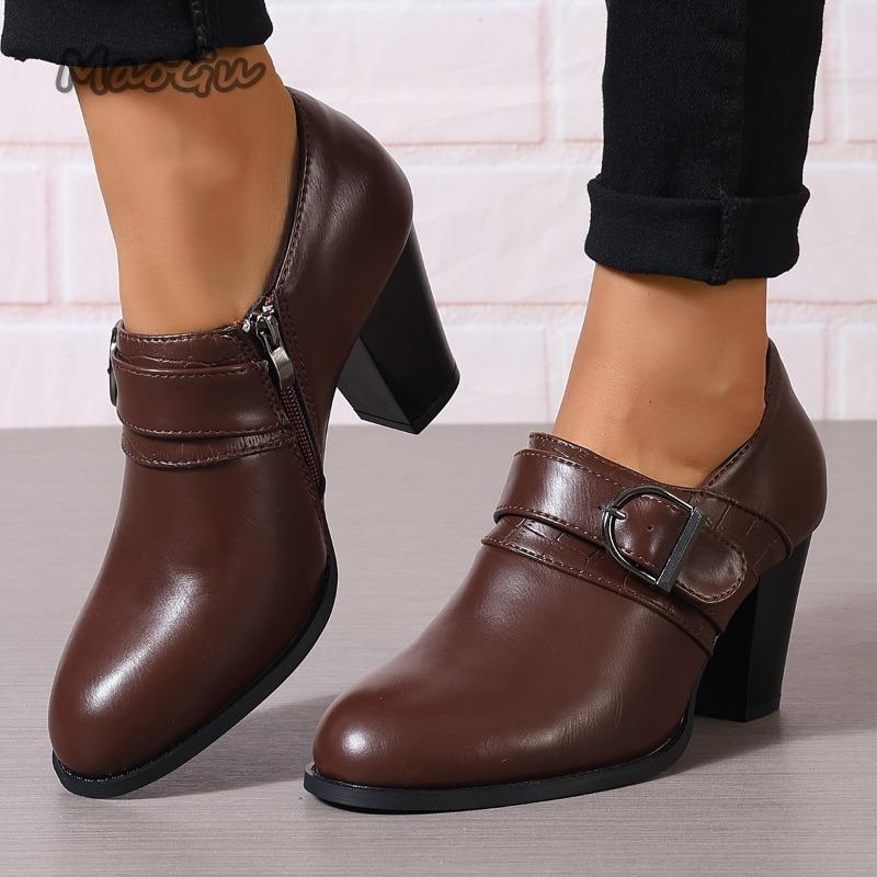 Módní Dámské Elegantní Lodičky Dámské Ležérní Robustní Vysoké Podpatky Kulatá Špička Společenské Boty pro Ženy Boty s Přezkou Zapatos De Mujer Velikost 43