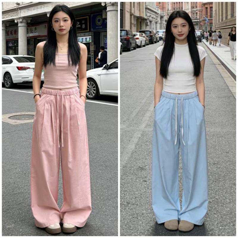 New Loose Women's Wide-leg Pants Drawstring Autumn Casual Long Pants Spring Summer Women's Lace-up Elastic Waist Solid Color Wide-leg Pants