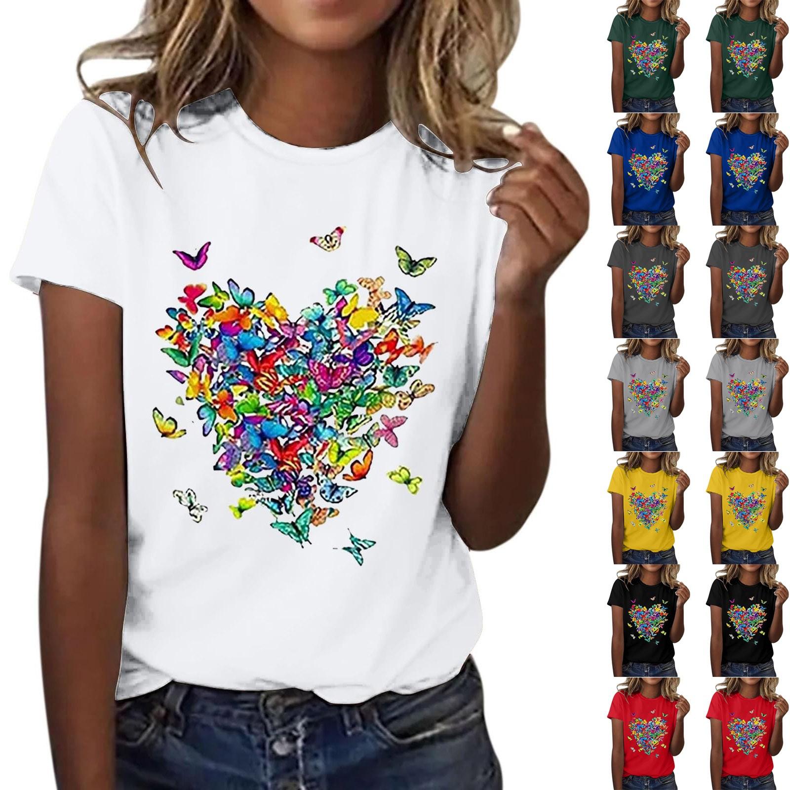 

Women s Casual Floral Print Short Sleeved T-shirt With Round Neck Top M синій