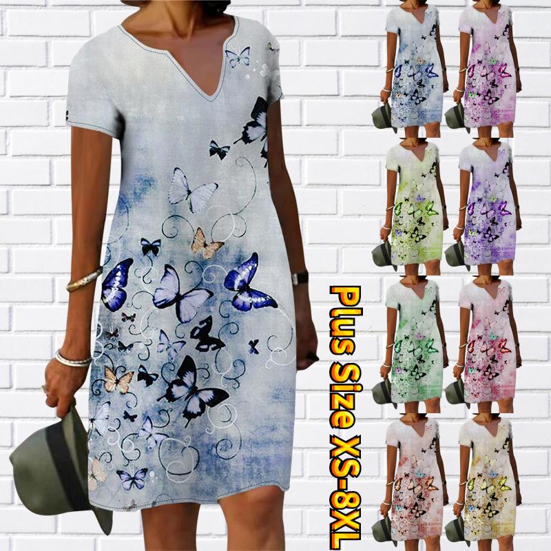 

Летнее модное платье с большим V-образным вырезом Женское платье с коротким рукавом 3D Оранжевое платье с принтом Fleur-de-Lis Butterfly Свободное повседневное платье для женщин