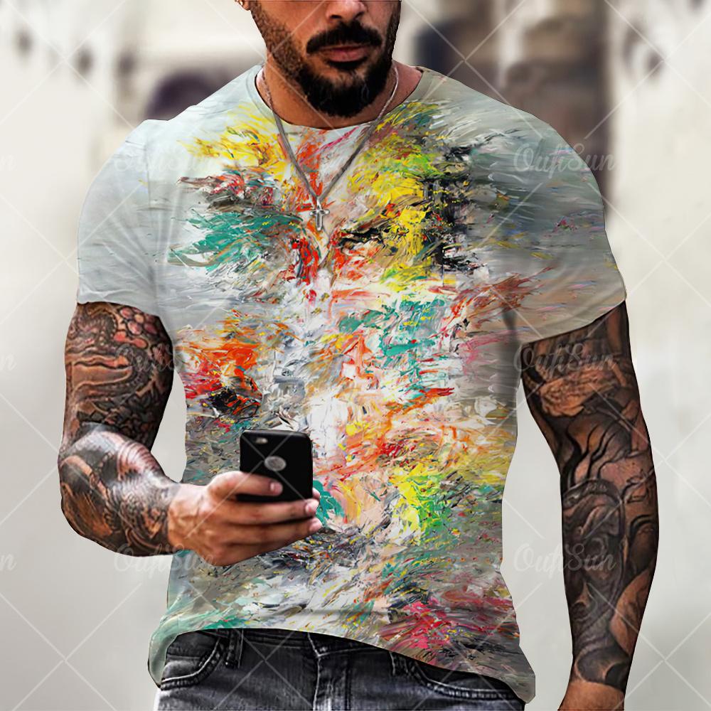 Retro Men's Personalized Color Striped Printed T-shirt Casual Fashion Trend Harajuku Round Neck Top Creative Hip-hop Cool Short Sleeved Streetwear