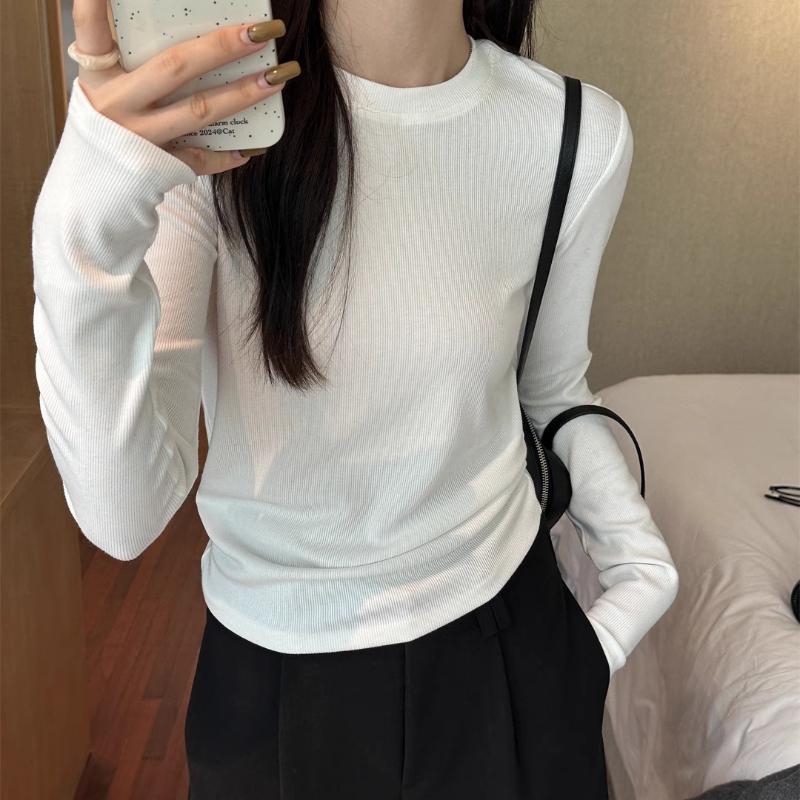 Gray Long-sleeved Bottoming Shirt for Women, Spring and Autumn New Style High-end T-shirt, Slim Solid Color Slimming Top