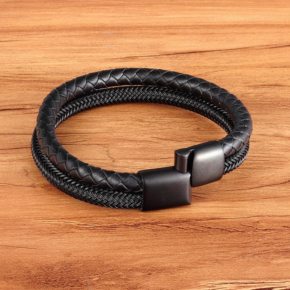 Classic Style Leather with Stainless Steel Stitching Combination Men's Bracelet Black/Steel Buckle Party Accessories Gift