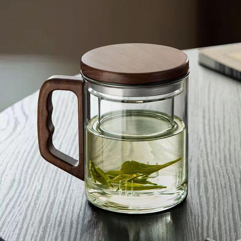 400ml Walnoot Houten Handvat Glazen Theekop Met Thee-infuser Filter Bloemthee Water Scheiding Geurige Thee Mok Drinkgerei