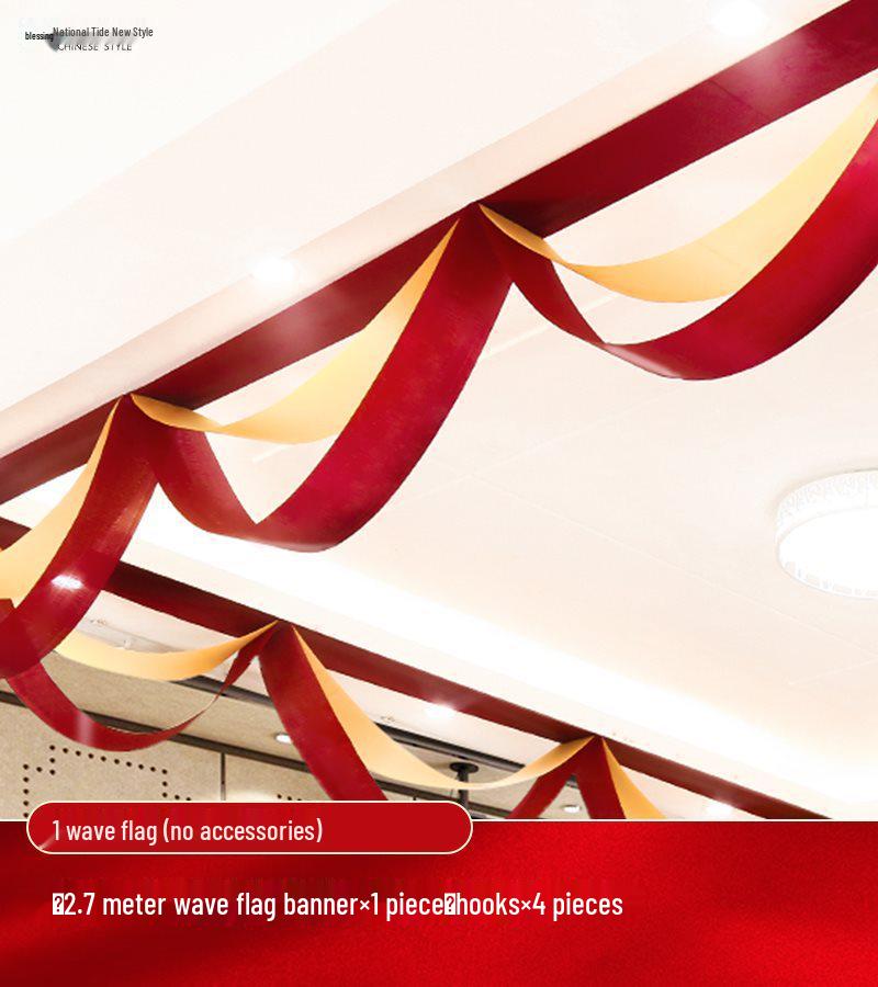Chinese Wedding Celebration Décor Set: Living Room Floral Arrangements, Wave Flags, Double Happiness Symbols, and Ribbons