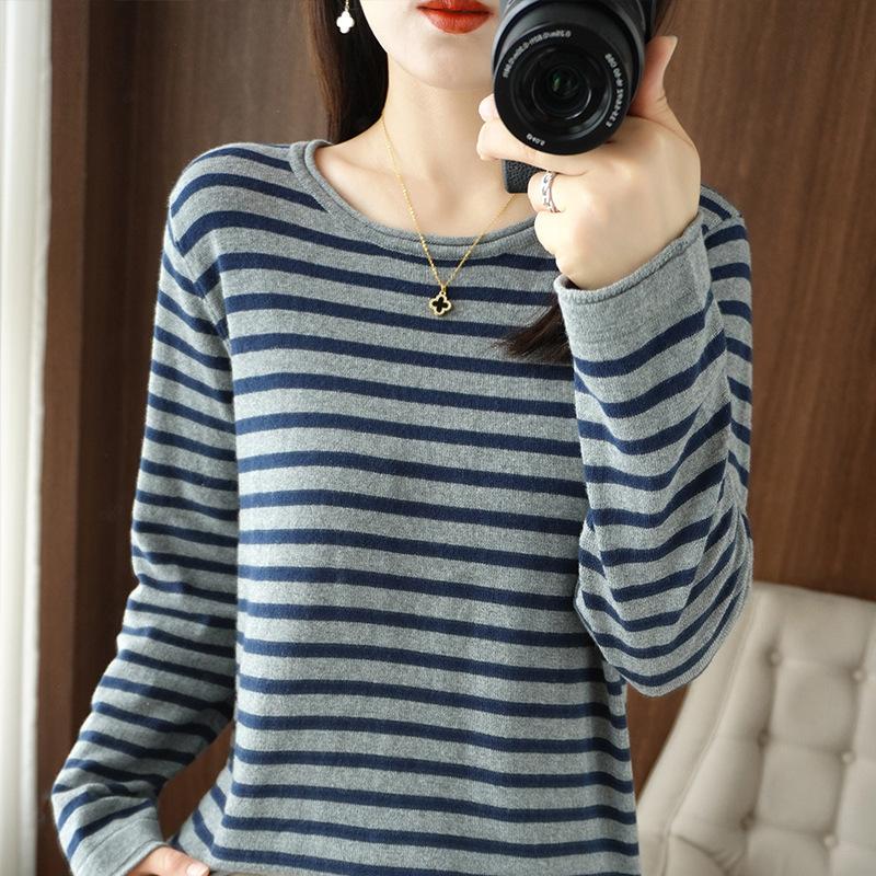 Women Sweater Curled O-neck Strip Pullover Autumn Spring Casual Knit Clothing Fashion Soft Bottoming Sweater Tops