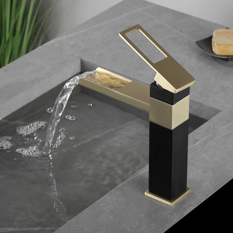 Black Gold Faucet Stainless Steel Waterfall Faucet Mixed Faucet Countertop Hot Cold Mixed Water Taps Bathroom Faucet Single Hole